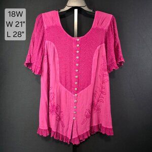 Denim 24/7 Tunic Blouse Womens Plus 18W Pink Boho Peasant Embroidered Button Fro
